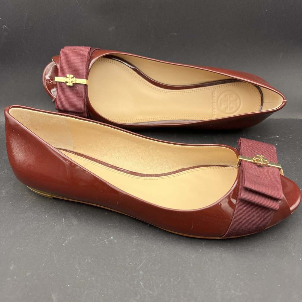 Tory Burch Trudy Ballet Burgundy Size 6.5 Patent Leather Flat Open Toe WORN ONCE